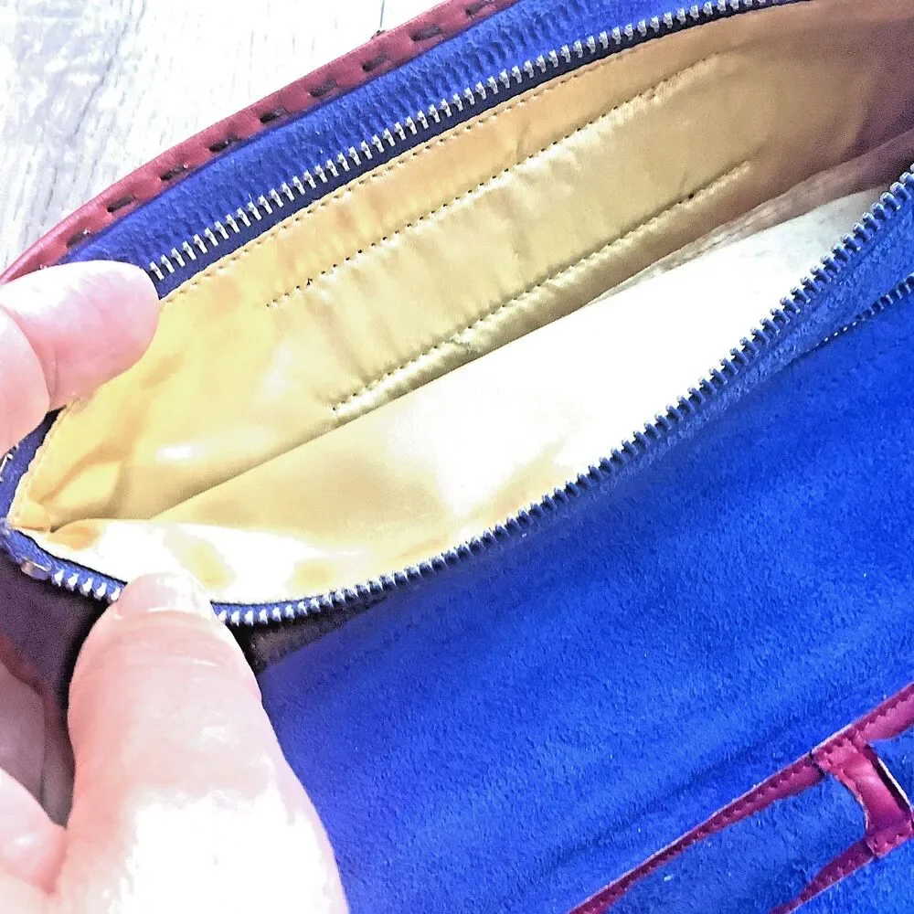 Vintage Jewelry Organizer Red Italian Leather Travel Pouch Blue Suede Lined